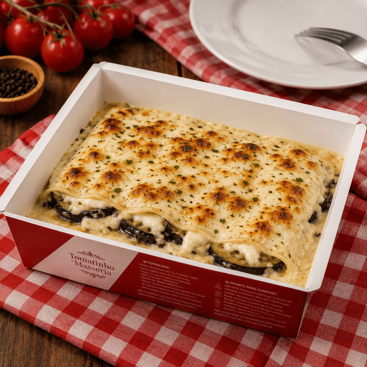 Lasanha de berinjela com muçarela de búfala - Tomatinho Masseria