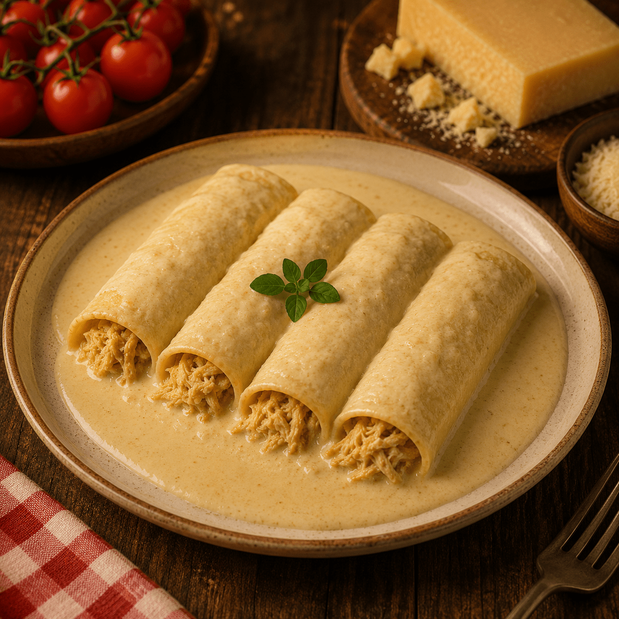Panqueca de frango ao molho de queijo - Tomatinho Masseria
