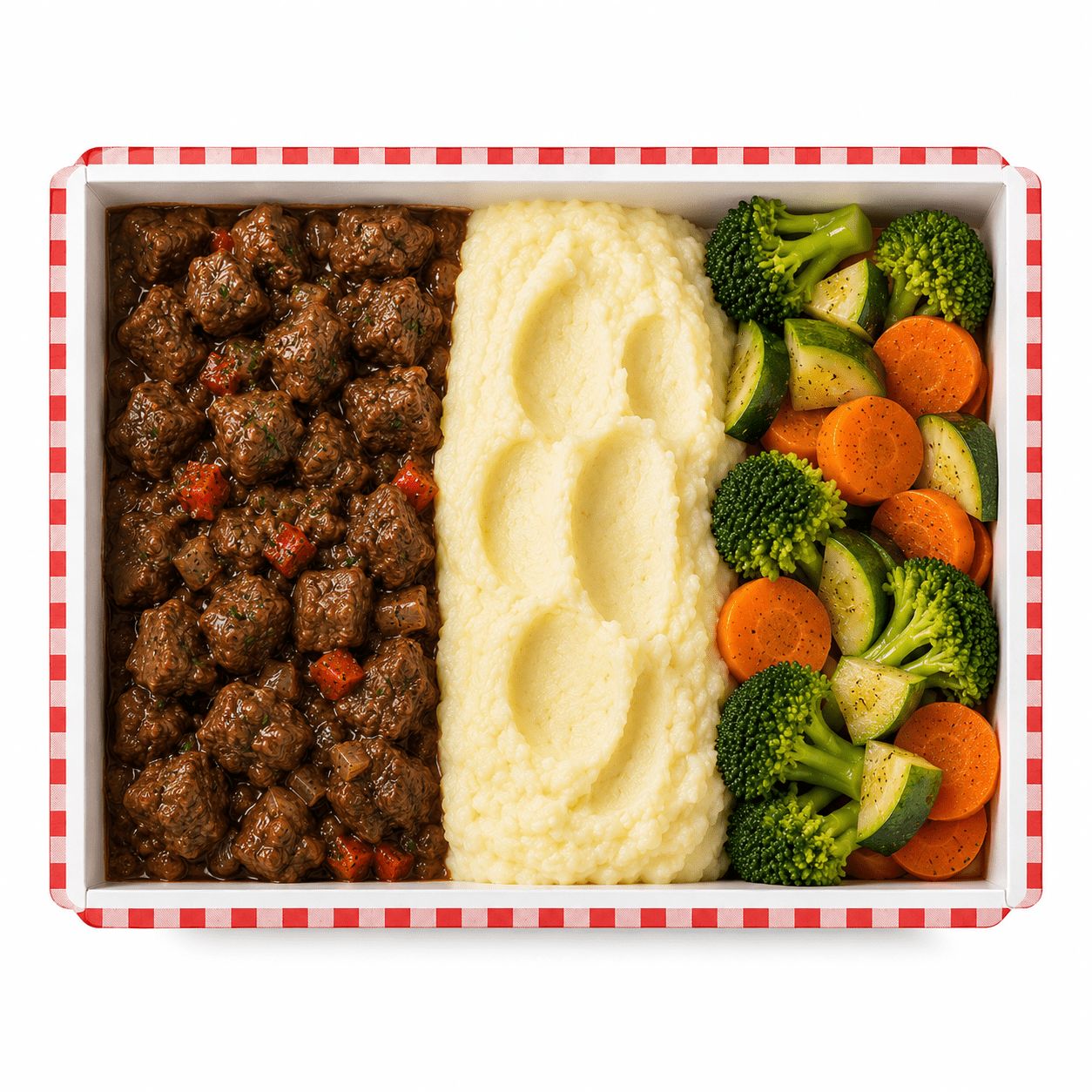 Picadinho de Carne, Purê e Legumes Cozidos - Tomatinho Masseria