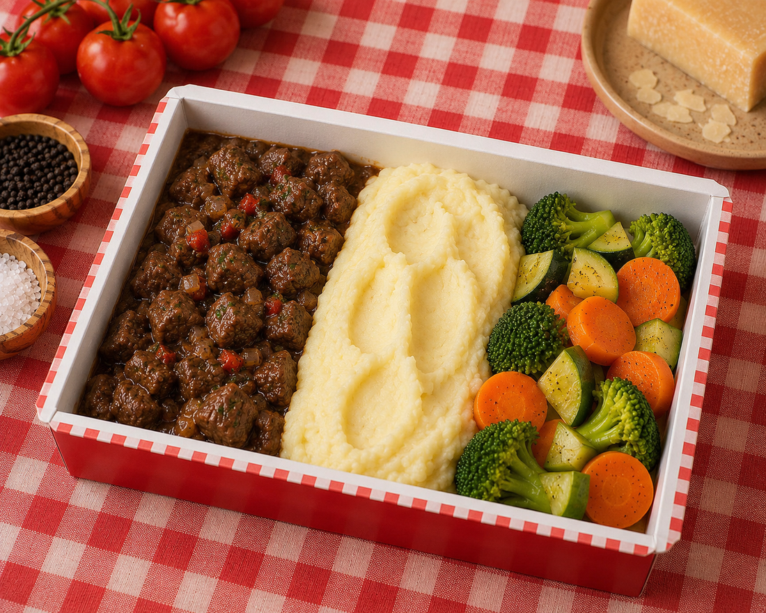 Picadinho de Carne, Purê e Legumes Cozidos - Tomatinho Masseria