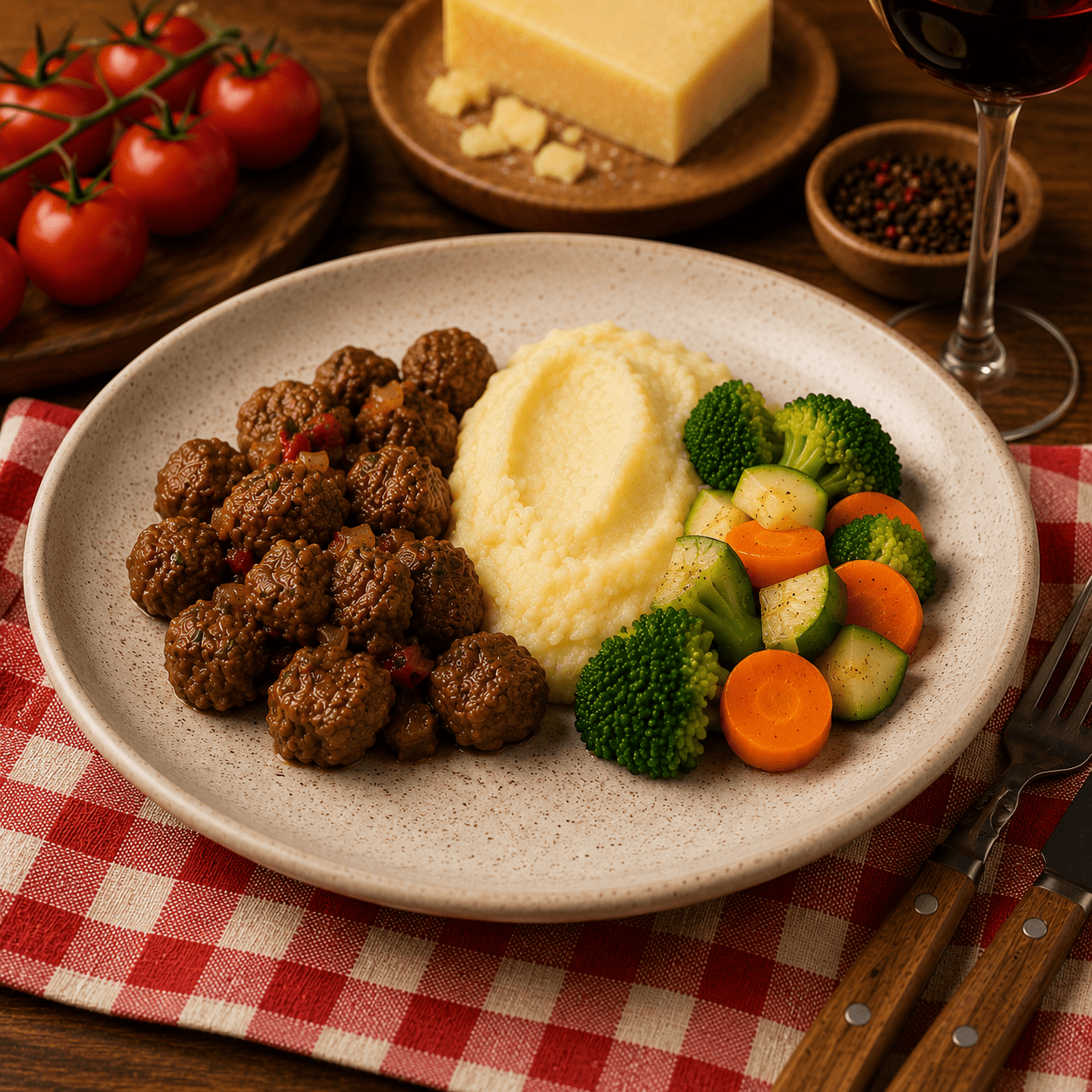 Picadinho de Carne, Purê e Legumes Cozidos - Tomatinho Masseria