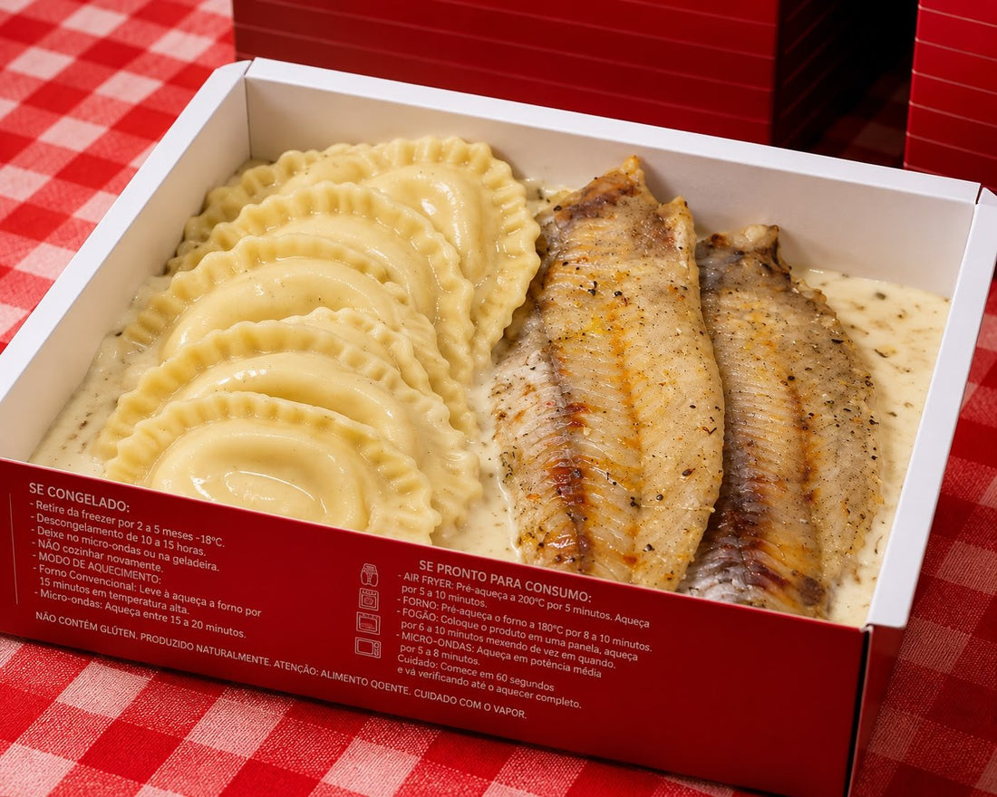 Ravioli Piccolo de queijo ao limone ao molho branco com peixe grelhado - Tomatinho Masseria