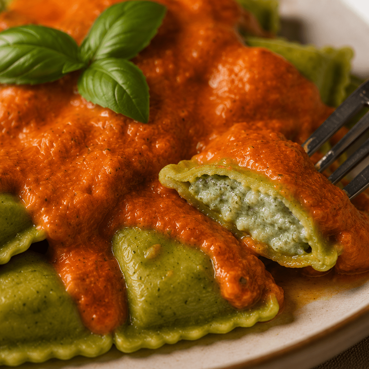 Ravioli verde de búfala com manjericão ao sugo - Tomatinho Masseria