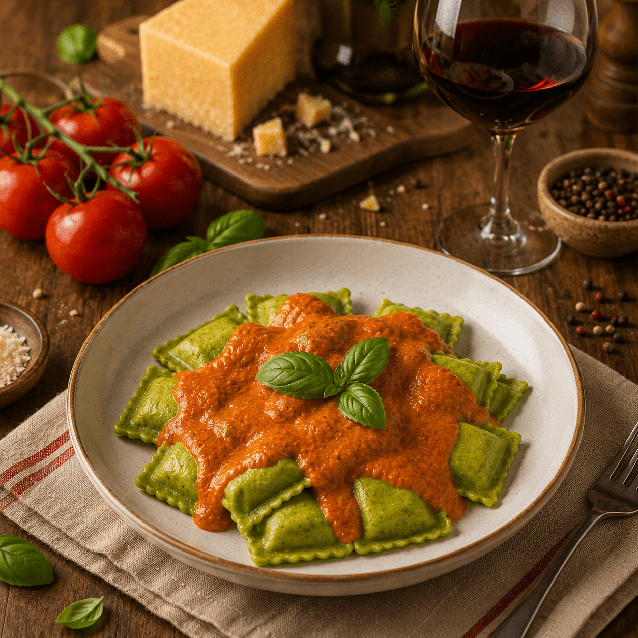 Ravioli verde de búfala com manjericão ao sugo - Tomatinho Masseria