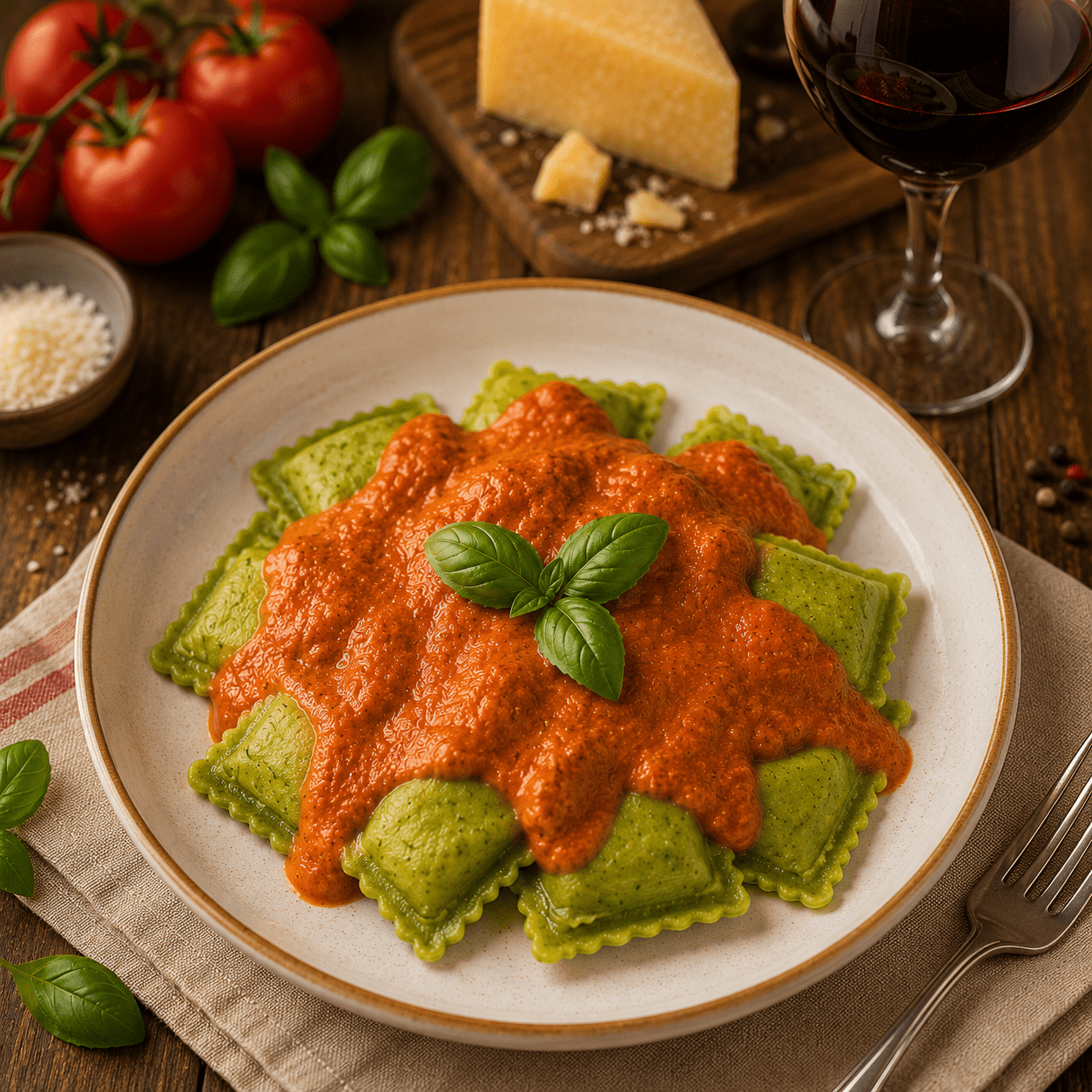 Ravioli verde de búfala com manjericão ao sugo - Tomatinho Masseria
