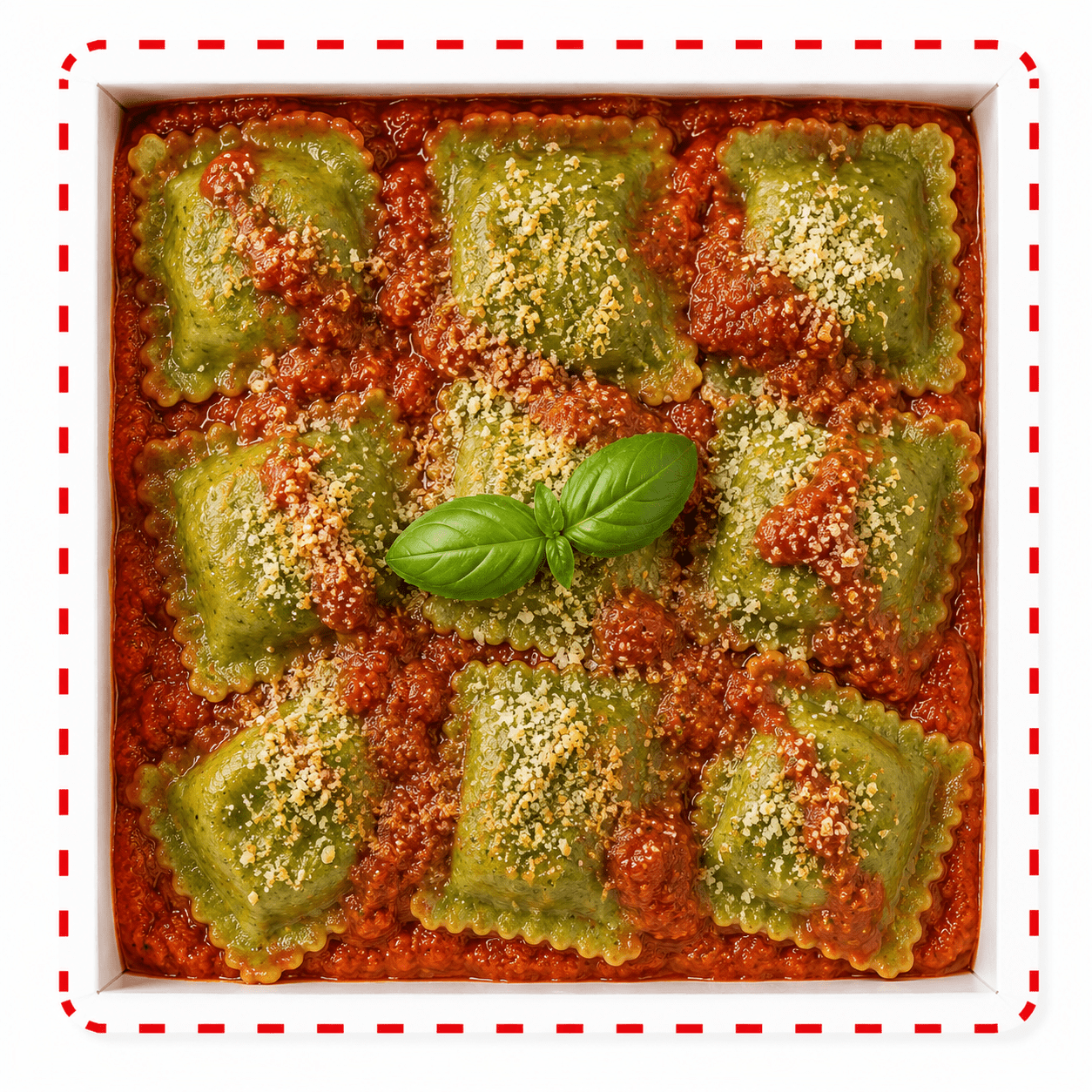 Ravioli verde de búfala com manjericão ao sugo - Tomatinho Masseria