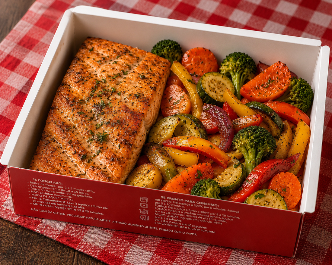 Salmão grelhado com legumes - Tomatinho Masseria