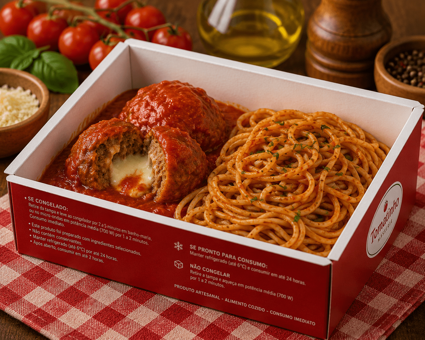 Spaghetti ao pomodoro com porpeta de carne recheada - Tomatinho Masseria